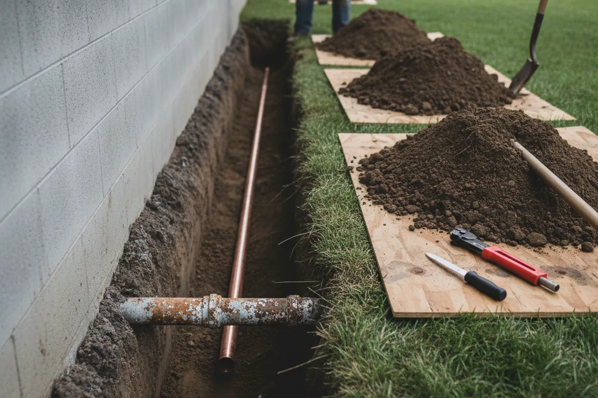 Excavated water line trench during Water Softener Installation in Mohler